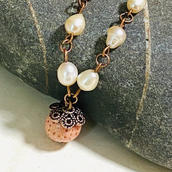 Pale Pink Freshwater Pearl Short Necklace with Cute Coral Pendant, Copper Links - Picture 5 of 16